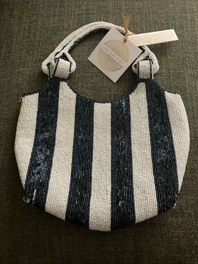 Beaded Navy and White Striped Shoulder Bag
